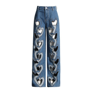 Pantalones Vaqueros de Pierna Ancha y Recta con Diseño Calado y Estampado de Cintura Alta para Mujer, Nueva Colección en Oferta - Product Image 1