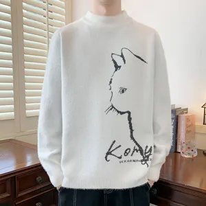 Jumper Crew Neck pria, Sweater atasan kustom pola kucing hangat lembut Pullover rajut musim dingin untuk lelaki