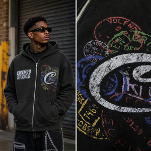 Men's Oversized Vintage Acid Wash Zip-Up Hoodie Costom Full-Sleeve Letter Print Frontal Logo Streetwear Sweatshirt for Wholesale - Product Image 2