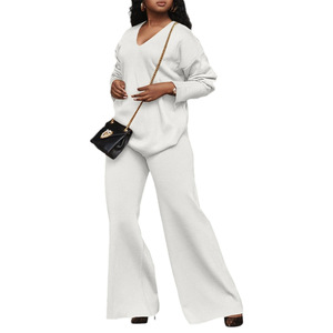 ชุดเซ็ต 2 ชิ้น เสื้อแขนยาวคอวีสีพื้นและกางเกงขายาวลำลองสำหรับผู้หญิง แฟชั่นใหม่ - Product Image 5