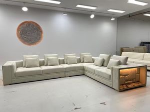 Ensemble de canapés modulaires en bois et tissu en forme de L pour salon, 7 places, meubles modernes de luxe italiens avec éclairage LED - Product Image 2