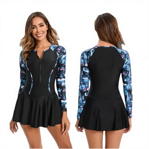 Women's One-Piece <b>Sunscreen</b> Bathing Suit Long Sleeves Plus Size Floral Print Wrinkle-Resistant Skirt Bottom Sexy Diving Design - Product Image 2