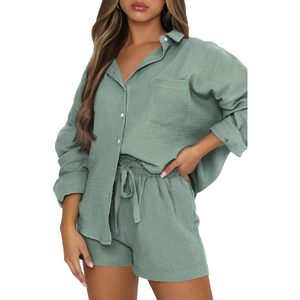 Conjunto de dos piezas para mujer, conjunto corto de verano, transpirable, de manga larga, ropa de dormir tejida. - Product Image 3