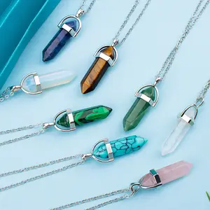 Hexagon Pendant Bullet Emerald Crystal Diamond Pendant Gold and Silver Metal Filigree Wrap Chain Pendant Necklace