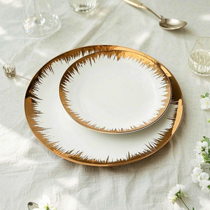 Kustom Logo restoran piring mewah keramik bulat piring keramik putih dengan pelek emas piring makan malam di pernikahan - Product Image 1