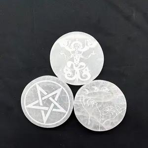 Patrones tallados de yeso redondo con estrella de cinco puntas, placa de cristal de selenita Natural, Sol de Luna para Decoración