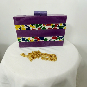 handicrafts Modern Geometric Resin Clutch with Bold Chain | Purple and <b>White</b> <b>Acrylic</b> Handbag for Women Party and Evening Wear - Product Image 1