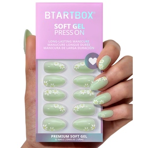 Faux Ongles en Gel Souple à Presser, Modèle Amande, Cyan, Fleurs 3D, Printemps-Été, Vente en Gros, Faits Main, Designer, en Vrac - Product Image 1