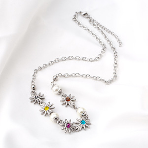 Trendy <b>Titanium</b> Steel Daisy Flower Choker Necklace With Colored Stones Party Jewelry - Product Image 2
