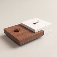 Table basse de style italien minimaliste haut de gamme pour salon, en marbre naturel, avec tiroir télescopique, structure en bois, sans assemblage