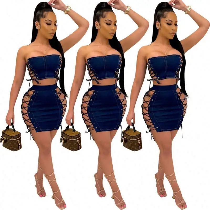 New style 2021 Summer Hot Sale Denim Suit Skirt Top 2Piece Sets Sexy club Party String Up Sexy Sleeveless Two Piece Skirt Set