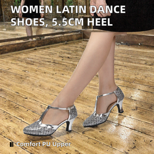 Logo Damen Lateinamerikanische Ballsaal-Tanzschuhe, Obermaterial aus PU, Gummilaufsohle, klassischer hoher Absatz, 5,5 cm, Chacha Tango Rumba WDX0067 - Product Image 2