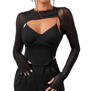 Vente en gros de T-shirts pour femmes Fashion Sexy Splicing Mesh Plus Size Vêtements pour femmes Top à manches longues européen et américain - Product Image 1