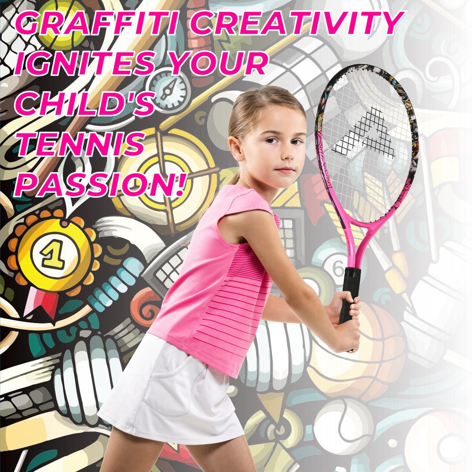 Raquete de Tênis AMA Sport Rosa para Crianças 2-10 anos com Capa, image size:1600x1600