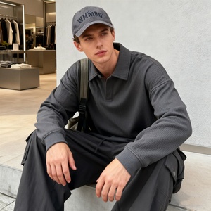 TKAN421D Sweat-shirt à manches longues surdimensionné en tricot de style vintage pour homme, 100% coton, col polo, anti-froissement - Product Image 1