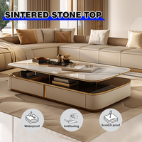 Table basse moderne de luxe Laque blanche brillante Garniture dorée Éclairage LED Tiroir de rangement caché Meubles de salon