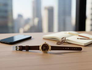 Orologio da donna alla moda HYF, cassa rotonda placcata in oro, cinturino in pelle, colori misti luminosi - Product Image 2