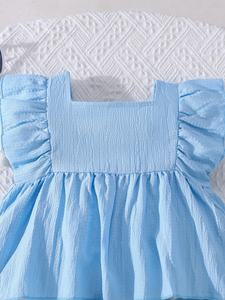 Nuovo Completo Estivo in Cotone per Bambine, Set Due Pezzi <span class=keywords><strong>Blu</strong></span> con Maniche a Sbuffo, Top e Pantaloncini Tinta Unita Casual per Bambini - Product Image 4