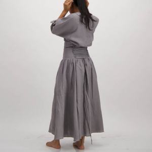 เดรสยาวผ้าลินินทรงดินสอ แขนยาว ติดกระดุมด้านหน้า ผ่าเอว จับจีบ สำหรับผู้หญิง สไตล์ลำลอง ขายส่งช่วงซัมเมอร์ - Product Image 6