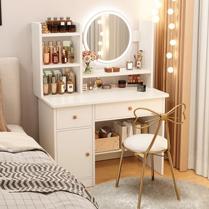 <span class=keywords><strong>Coiffeuse</strong></span> moderne minimaliste style crème avec armoire <span class=keywords><strong>de</strong></span> rangement intégrée <span class=keywords><strong>et</strong></span> étagères ouvertes pour petite chambre - Product Image 4