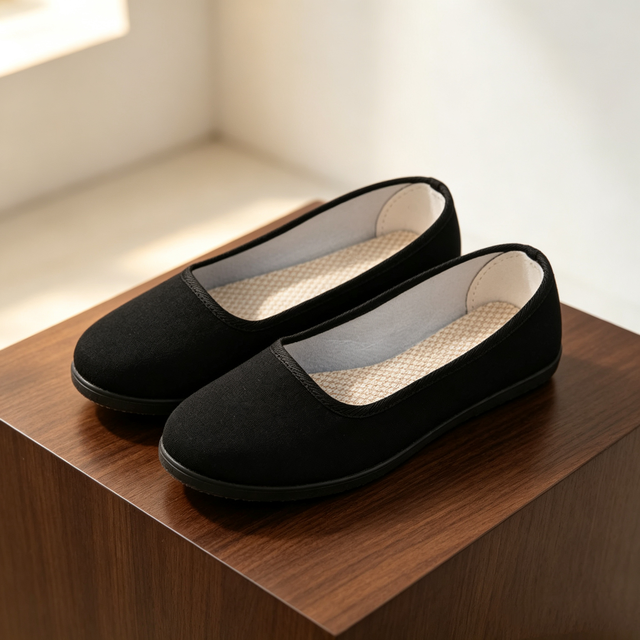 Flat Slip Casual Strolling Shoes Toe Solid Color Breathable Cotton Lining Cloth Upper Water-resistant Footwear Daily Wear
