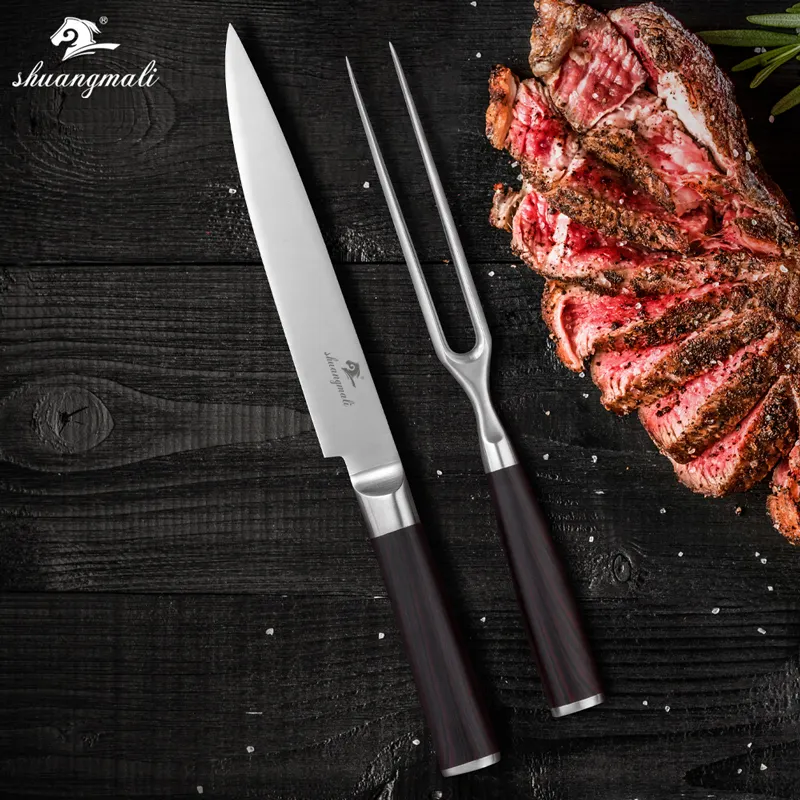 2PCS Stainless Steel Carving Knife and Fork Kitchen Tool Set With Nature Wood Handle