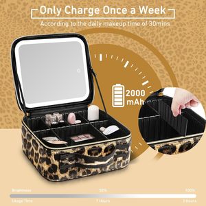 CF Leopard Print Waterproof LED Light Makeup <strong>Mirror</strong> 3 Color Touch Dimmer 2000mAh Adjustable Dividers DIY Travel Cosmetic Case - Product Image 3