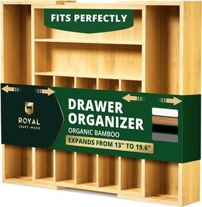 Organizador de Lujo para Cajones de Cocina de Bambú - Organizador de Cubiertos, Porta Utensilios y Divisores de Cajones para Cubertería - Product Image 1