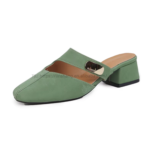 Thick Heel Outwear Elegant Square Toe Cut Out Medium Heel Sals for Women Summer Sexy <b>Slip</b>-on <b>Half</b> Slippers - Product Image 6