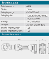 Herramienta de crimpado de baterías hidráulica automática ZUPPER SL-300, tipo mini 16-300, batería de iones de litio de 18V 2.0Ah, presión de 60KN para terminales de cable.
