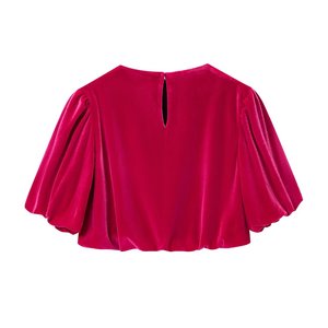 Atasan wanita model O-neck longgar bergaya retro, modis dan kasual untuk tahun 2026, lengan pendek. - Product Image 2