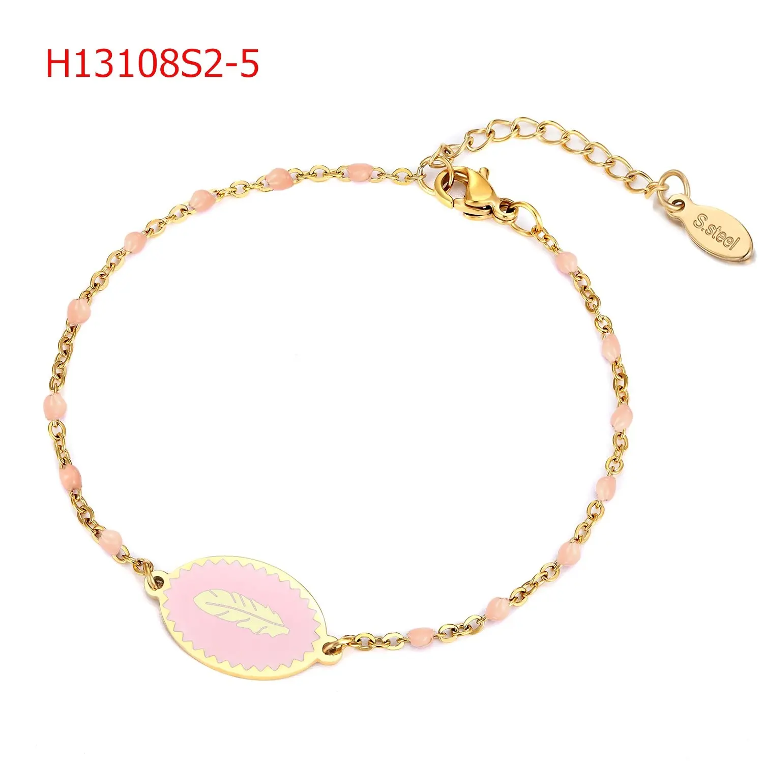 2021 trendy popular stainless steel leaf feather enamal tile chain bracelets stone and charms for women