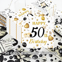 60-80 Serviettes en papier carrées jetables pour 50e anniversaire, blanc et or, Joyeux Anniversaire, pour fêtes d'anniversaire, 13x13 pouces, pour le déjeuner