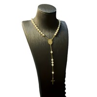 6mm chapelet perles perles croix collier 18k plaqué or chaîne en acier inoxydable chapelet catholique collier