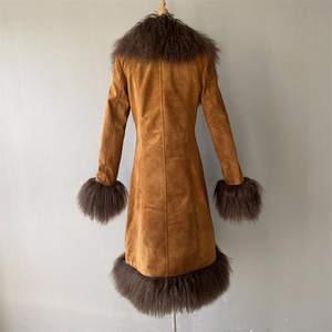 Luxury Natural <strong>Lambskin</strong> <strong>Leather</strong> Trench Coat Long Style Real Mongolian Fur Collar Cuffs Women Soft Genuine Suede <strong>Leather</strong> <strong>Jacket</strong> - Product Image 4