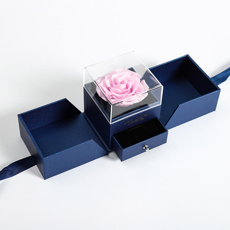 กล่องอะคริลิคสีฟ้าเปิดสองด้านลายดอกไม้สีชมพู