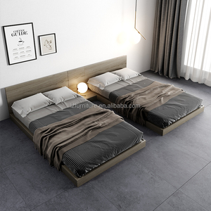 Affordable 3 Star Hotel <b>Platform</b> <b>Bed</b> Set Wooden <b>Frame</b> with Large Panel Headboard and Floating Nightstands for Budget Hotel - Product Image 6