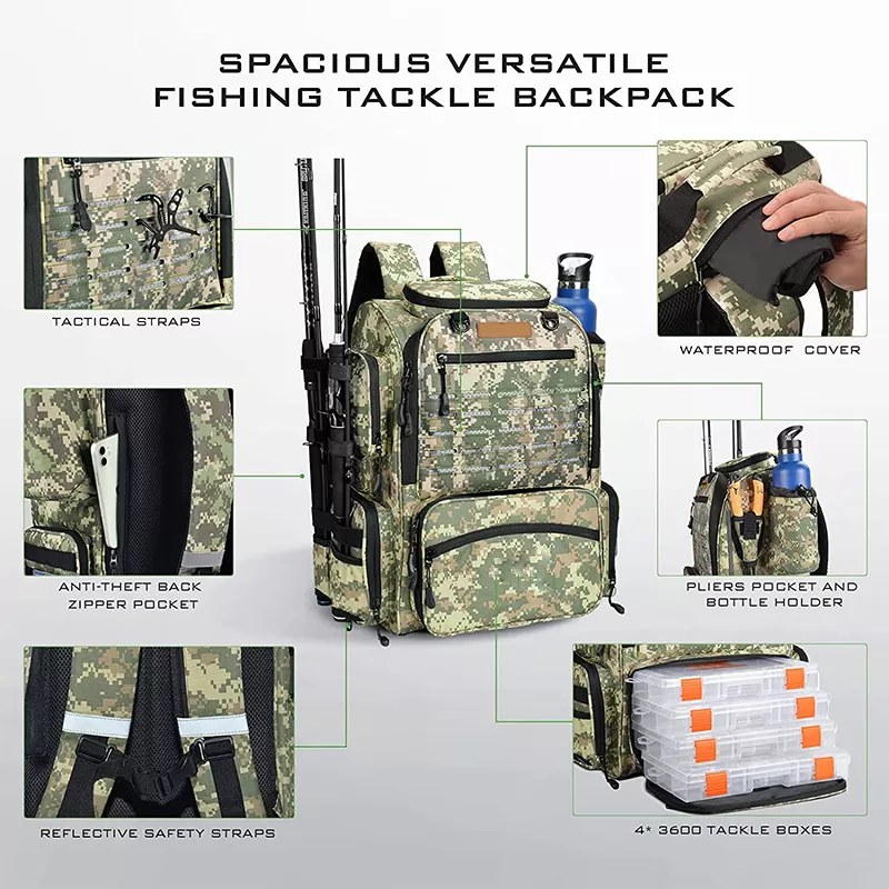 Sac De Pêche à Bandoulière – Camouflage Noir, Tissu Oxford 600D, Grande Capacité, Plusieurs Poches