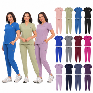 Ensemble de pantalon de jogging et haut de blouse à col en V pour femmes, extensible dans les 4 sens, anti-humidité, multi-poches, uniformes médicaux, approvisionnement en gros - Product Image 1