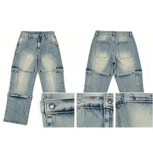 Vaqueros Cargo Azules Vintage Lavados para Hombre con Múltiples Bolsillos con Remaches, Pierna Ancha Holgada, Cintura Alta, Estilo Casual Urbano, Vaqueros de Mezclilla de Moda - Product Image 5
