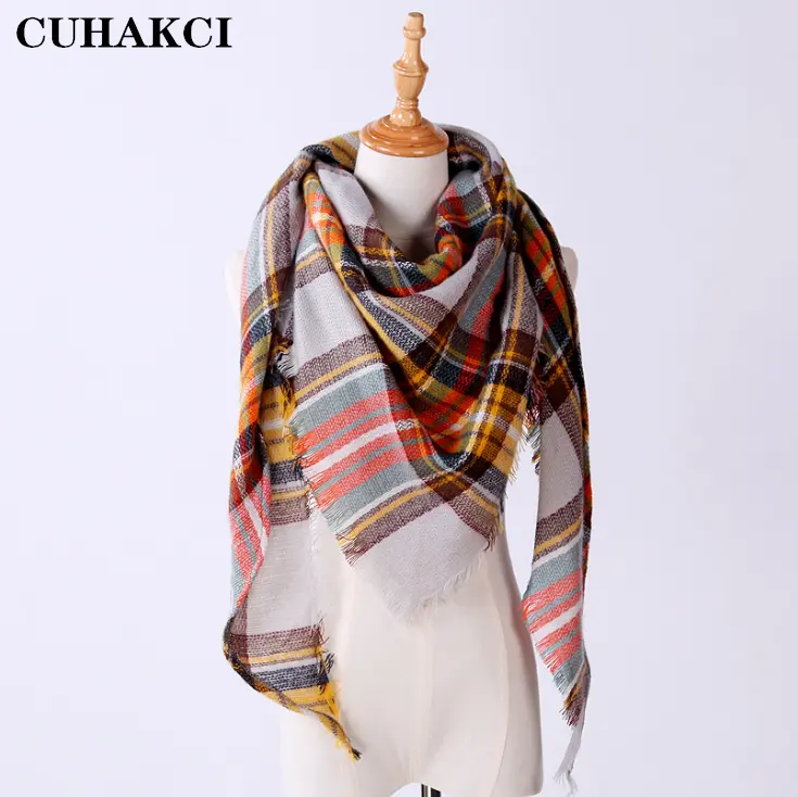 CUHAKCI New Winter Triangle Tassels Scarf For Women Cashmere Warm British Style Color Grid Scarves Plaid Shawl For Men And Women