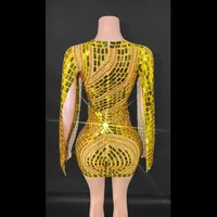 Robe moulante une pièce pour femme à manches longues, avec paillettes dorées, cristaux et maille diamantée, séchage rapide, effet illusion, pour soirée