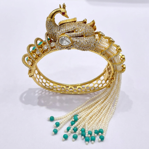 Peacock 03985 Kundan <b>Bangle</b> Gold Plated Zircon Stone <b>Bracelet</b> Pearl Tassel Jewelry for Bridal Wedding Party - Product Image 1