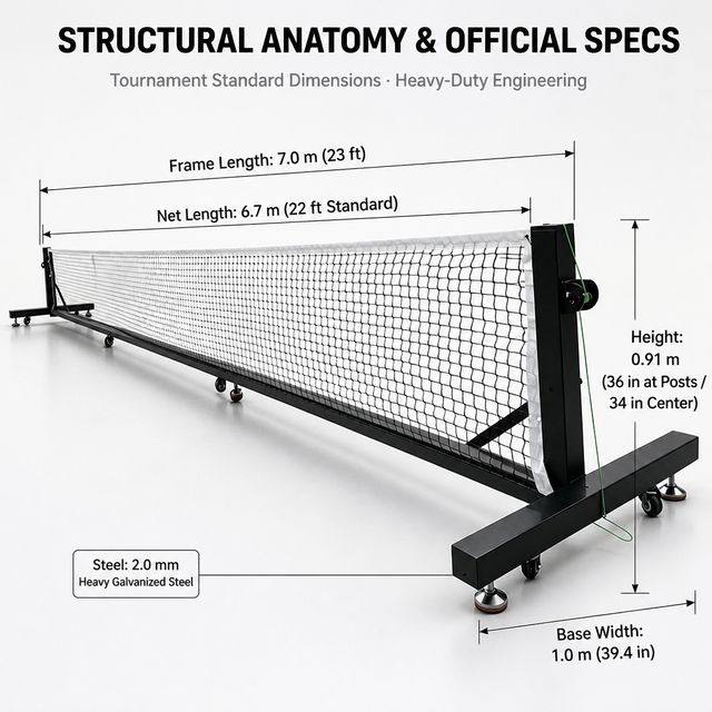 Portable Pickleball Net Post Set Knotless Braided Mesh Heavy-Duty Ratchet Tensioner Wheeled Mobile 2mm Galvanized Steel Frame