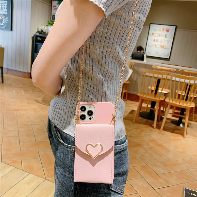 Casing dompet koin rantai tali selempang wanita penutup tas ponsel kulit untuk iPhone 15 13 14 casing dompet tempat kartu