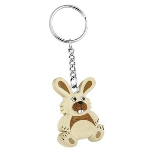 Portachiavi in legno a forma di coniglio, mini ciondolo animale carino con anello in argento - Product Image 1