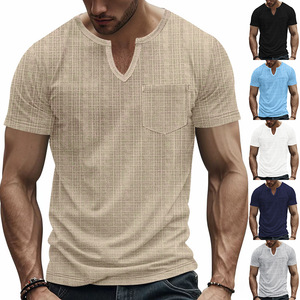 <span class=keywords><strong>T</strong></span>-shirt Homme Col <span class=keywords><strong>V</strong></span> Manches Courtes <span class=keywords><strong>S</strong></span>échage Rapide Coupe Ample 100% Polyester 200 g/m² Aspect Lin Jacquard Côtelé à Carreaux pour l'É<span class=keywords><strong>t</strong></span>é - Product Image 2