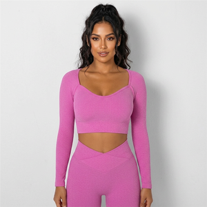 Top Corto de Yoga para Mujer, Color Rosa, Cuello Cuadrado, Manga Larga, Color Sólido, Acanalado, Elástico, Ajustado - Product Image 1