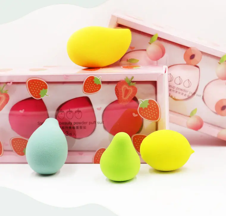 Nouveaux accessoires de beauté pour Boutique 3 pièces éponges de maquillage de fruits mignons dans une boîte de rangement mélangeur d'éponge de beauté sans latex de haute qualité