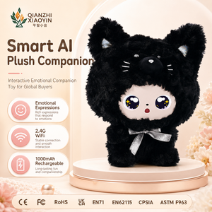 Grande Peluche Chat Noir IA 36cm avec Visage <span class=keywords><strong>de</strong></span> Poupée ABS, Nœud Blanc, Fonction <span class=keywords><strong>de</strong></span> Clonage Vocal, Mémoire Longue Durée, Plus <span class=keywords><strong>de</strong></span> 50 Langues, WiFi 2.4G, Puce TUYA T5 - Product Image 1